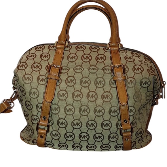 Michael Kors MK Bedford Barrel Bag Satchel Beige Signature Canvas Handbag Large - Picture 3 of 7